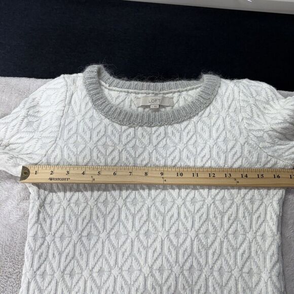 LOFT Womens Textured Diamond Knit Sweater S  Nylon Mohair Wool Blend White Gray - Picture 8 of 13